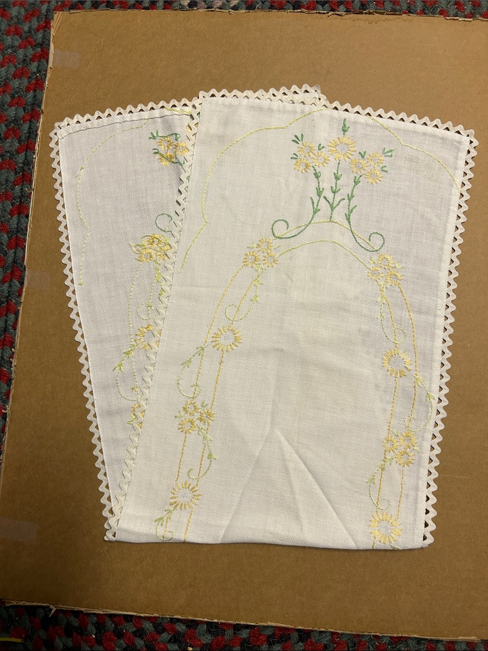 Embroidered White/Yellow/Green Floral Linen Table Runner  12x36”